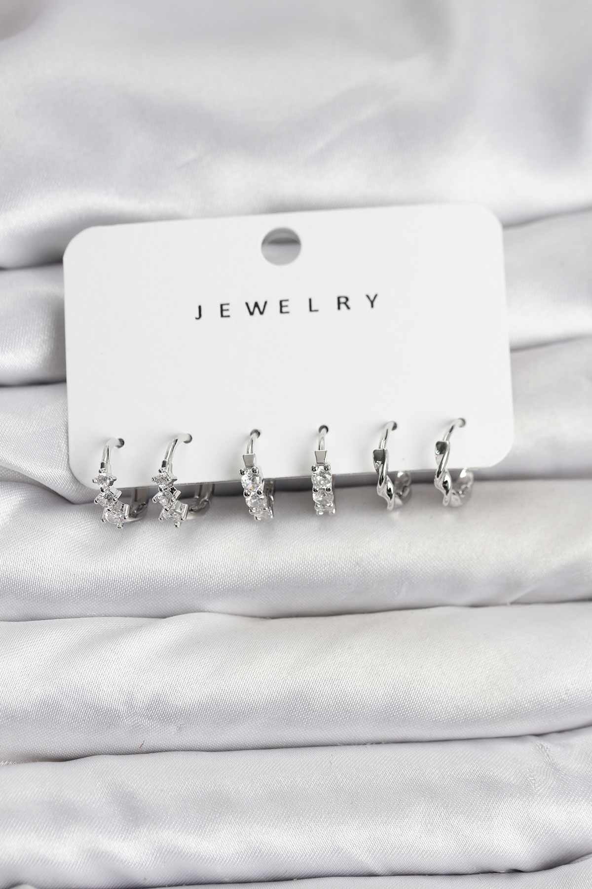 Pirinç Gümüş Renk Zirkon Taşlı Kadın Küpe Seti