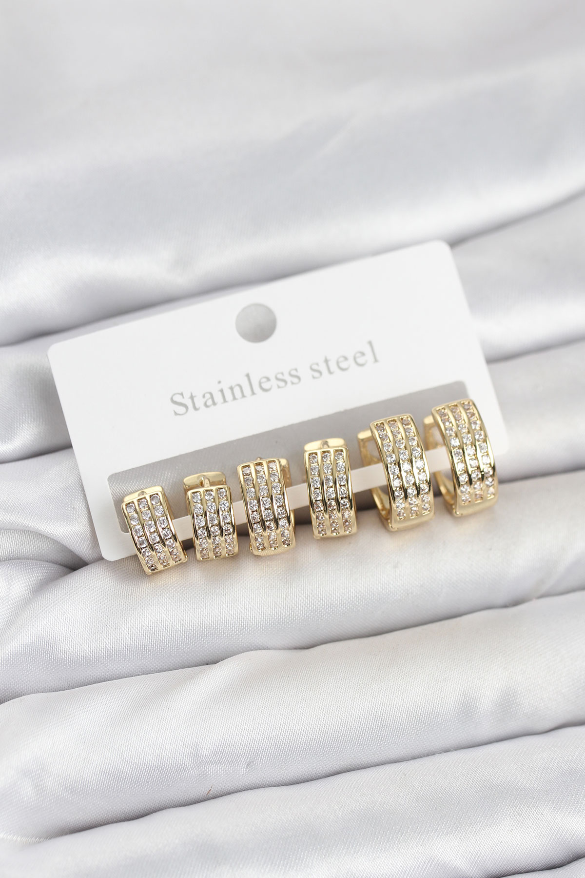 316L Çelik Zirkon Taşlı Gold Halka Küpe Seti