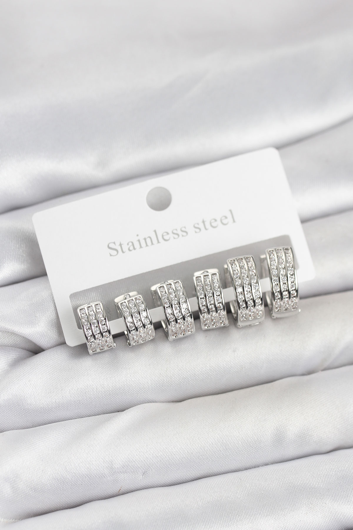 316L Çelik Zirkon Taşlı Gümüş Renk Halka Küpe Seti