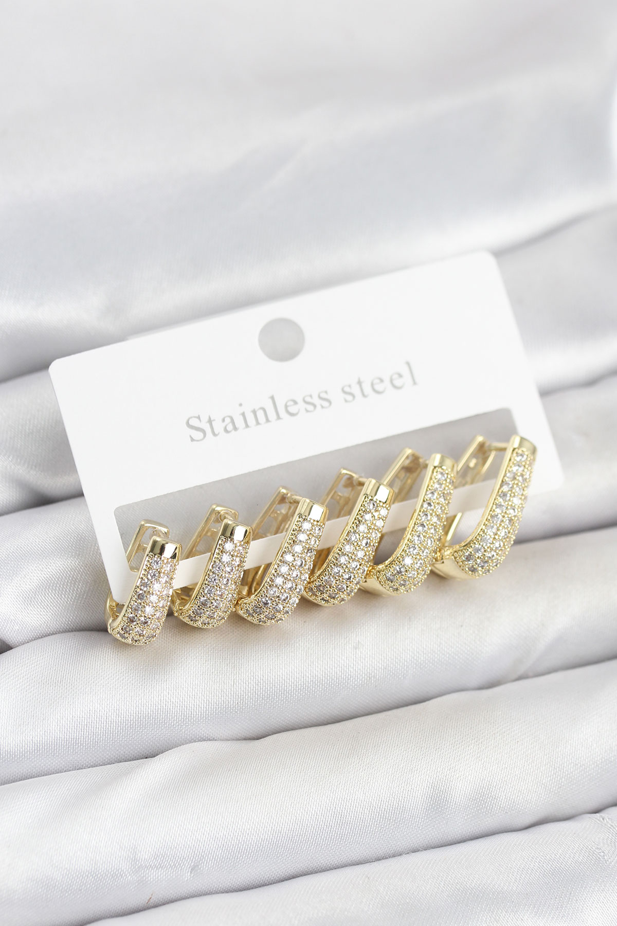 316L Çelik Gold Renk Zirkon Taşlı Damla Halka Küpe Seti