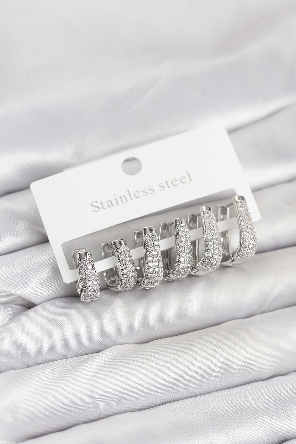 316L Çelik Gümüş Renk Zirkon Taşlı Damla Halka Küpe Seti