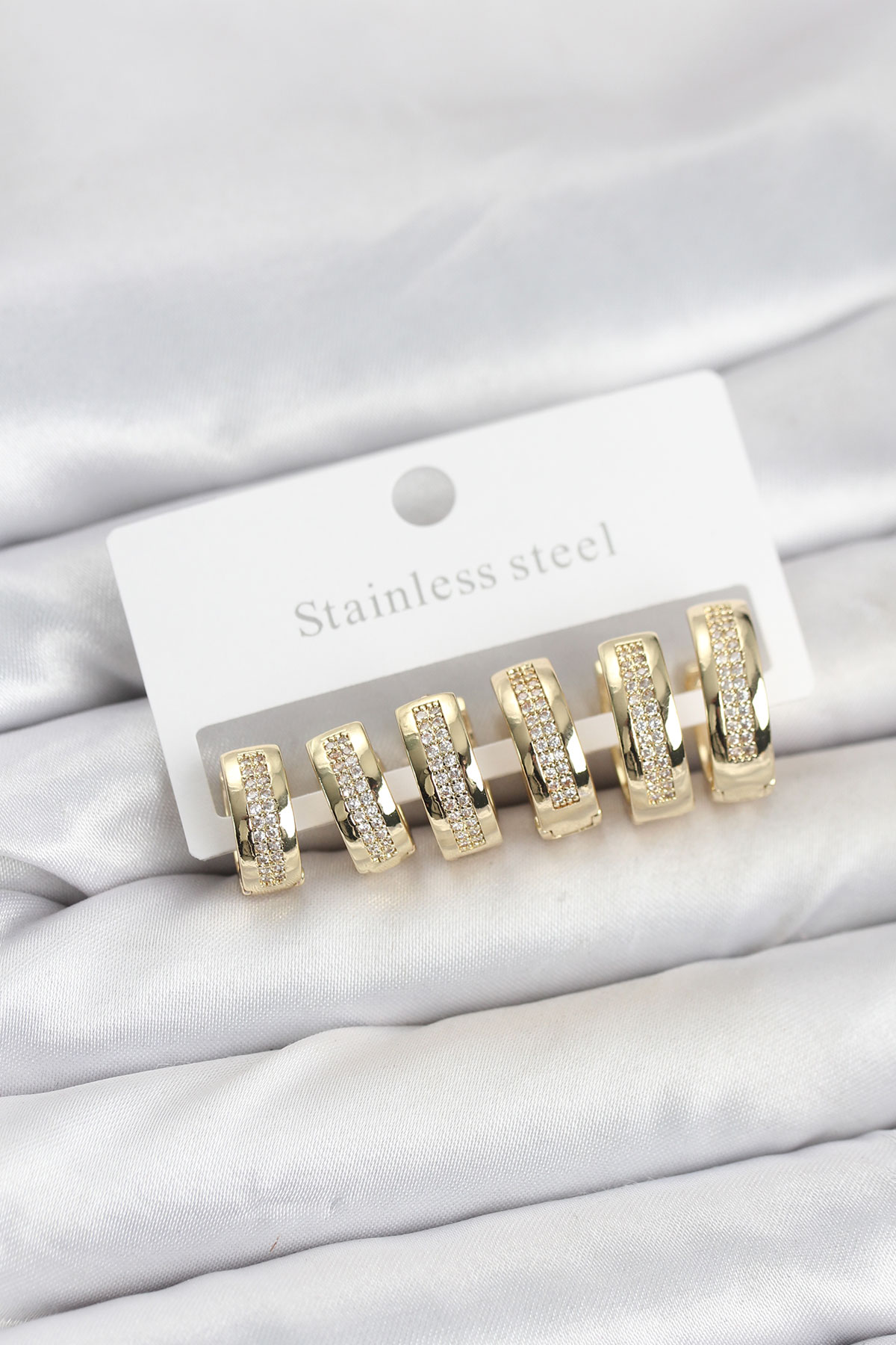 316L Çelik Gold Renk Zirkon Taşlı Halka Küpe Seti