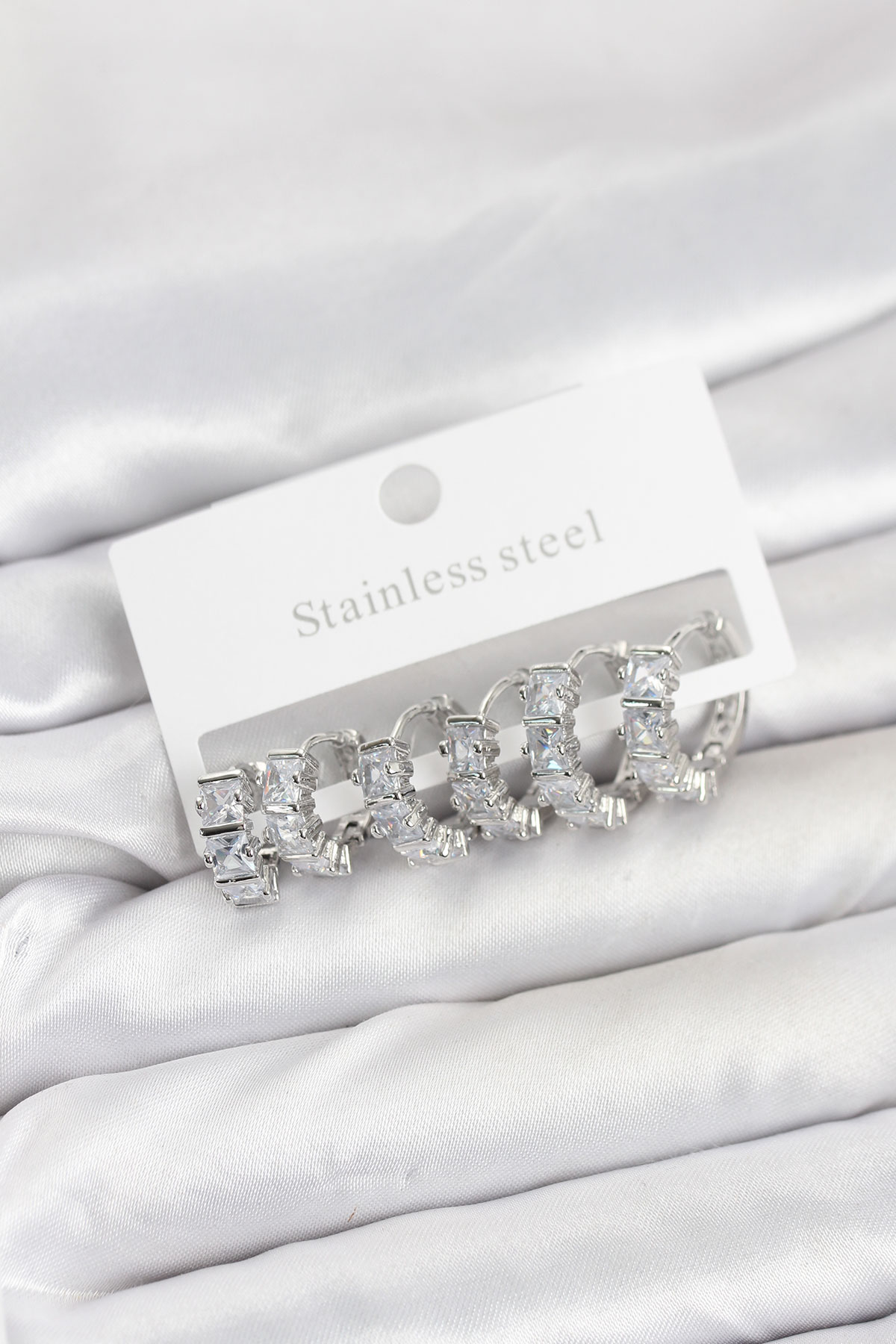 316L Çelik Gümüş Renk Baget Zirkon Taşlı Halka Küpe Seti