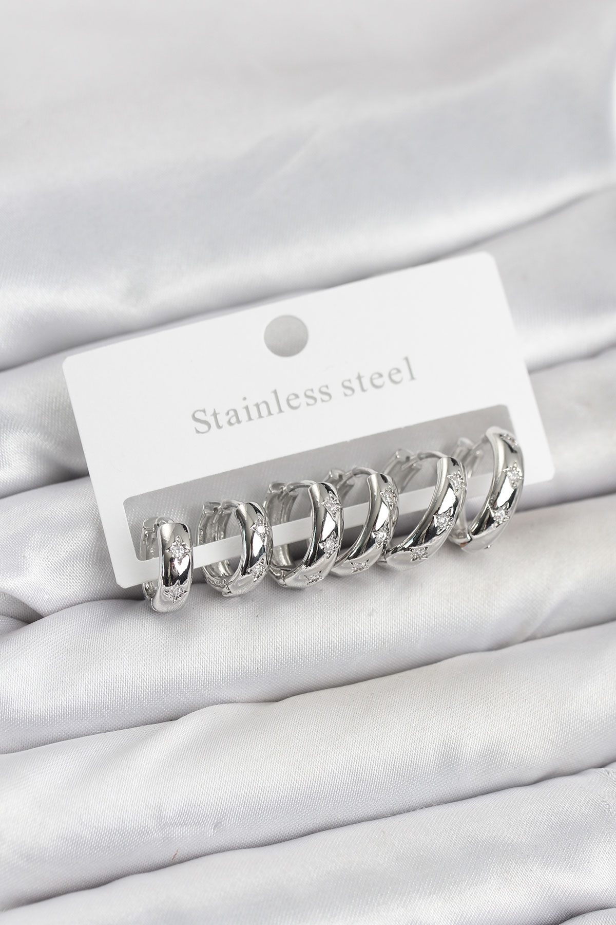 316L Çelik Gümüş Renk Zirkon Taşlı Kutup Yıldızı Model Halka Küpe Seti