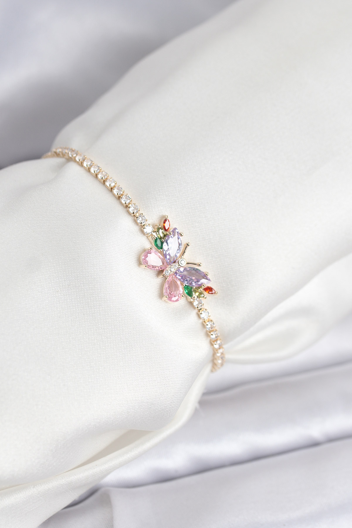 Renkli Kelebek Model Zirkon Taşlı Asansörlü Su Yolu Kadın Bileklik