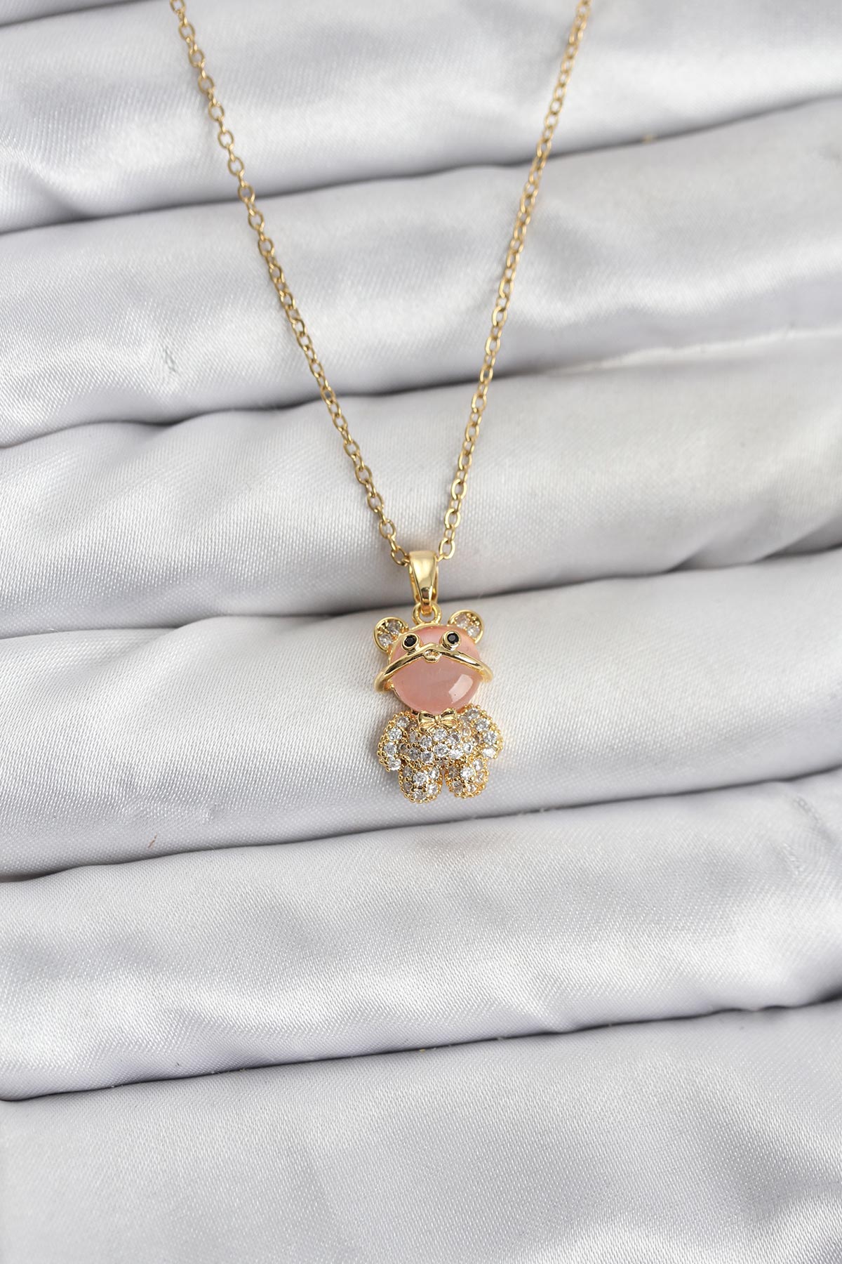 316L Çelik Zincir Gold Renk Teddy Bear Model Zirkon Taşlı Kadın Kolye