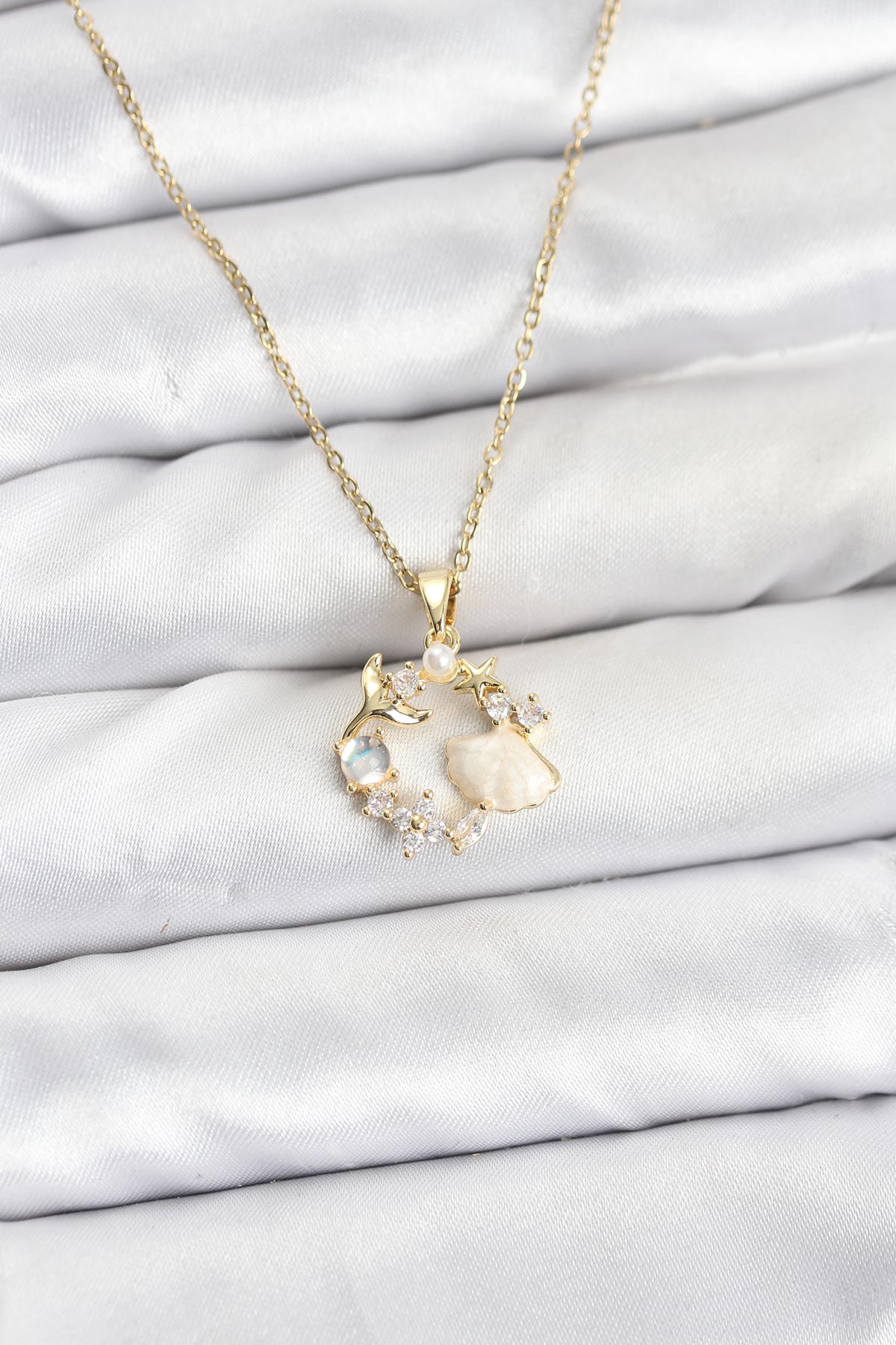 316L Çelik Zincir Gold Renk Deniz Tema Model Zirkon Taşlı Kadın Kolye