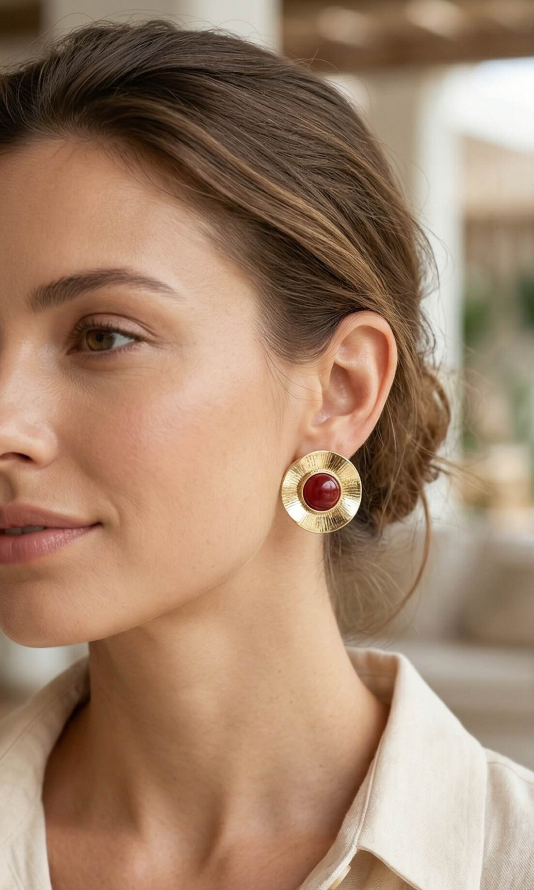 Vintage Model Bordo Gold Renk Pirinç Kadın Küpe