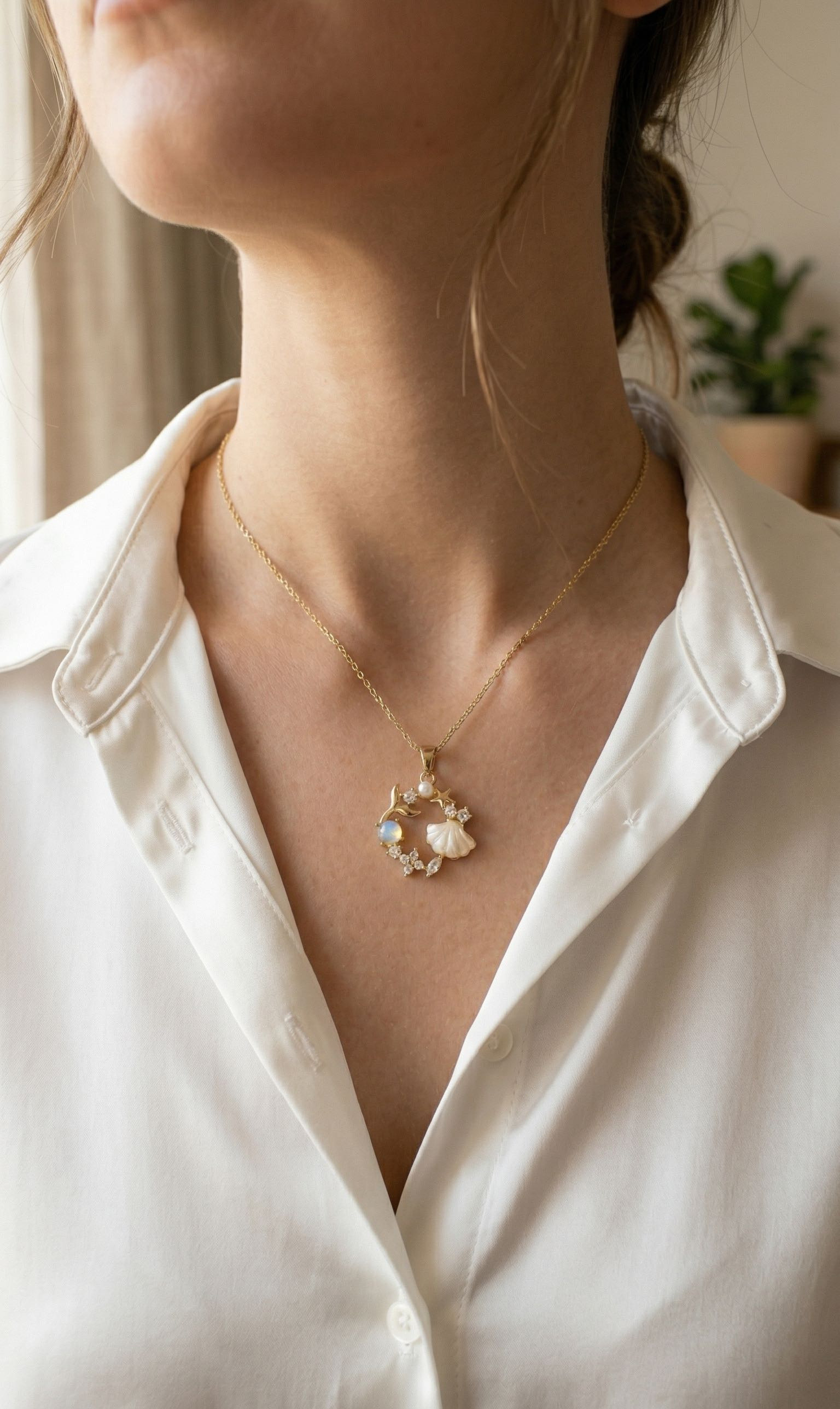 316L Çelik Zincir Gold Renk Deniz Tema Model Zirkon Taşlı Kadın Kolye