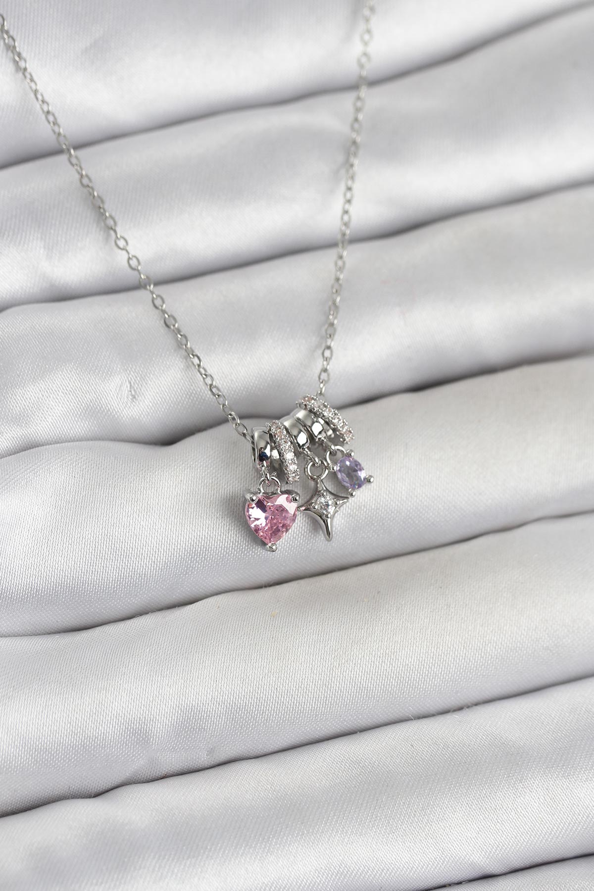 316L Çelik Gümüş Pembe Zirkon Taşlı Charmlı Kadın Kolye