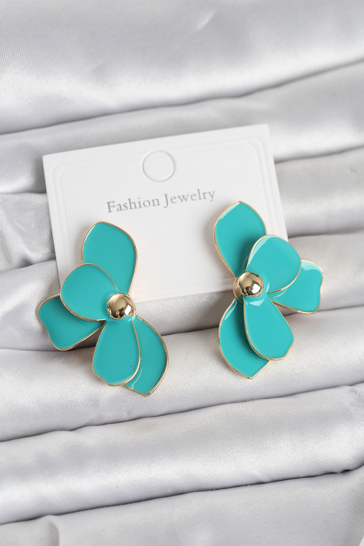 Turkuaz Mineli Lotus Model Pirinç Kadın Küpe