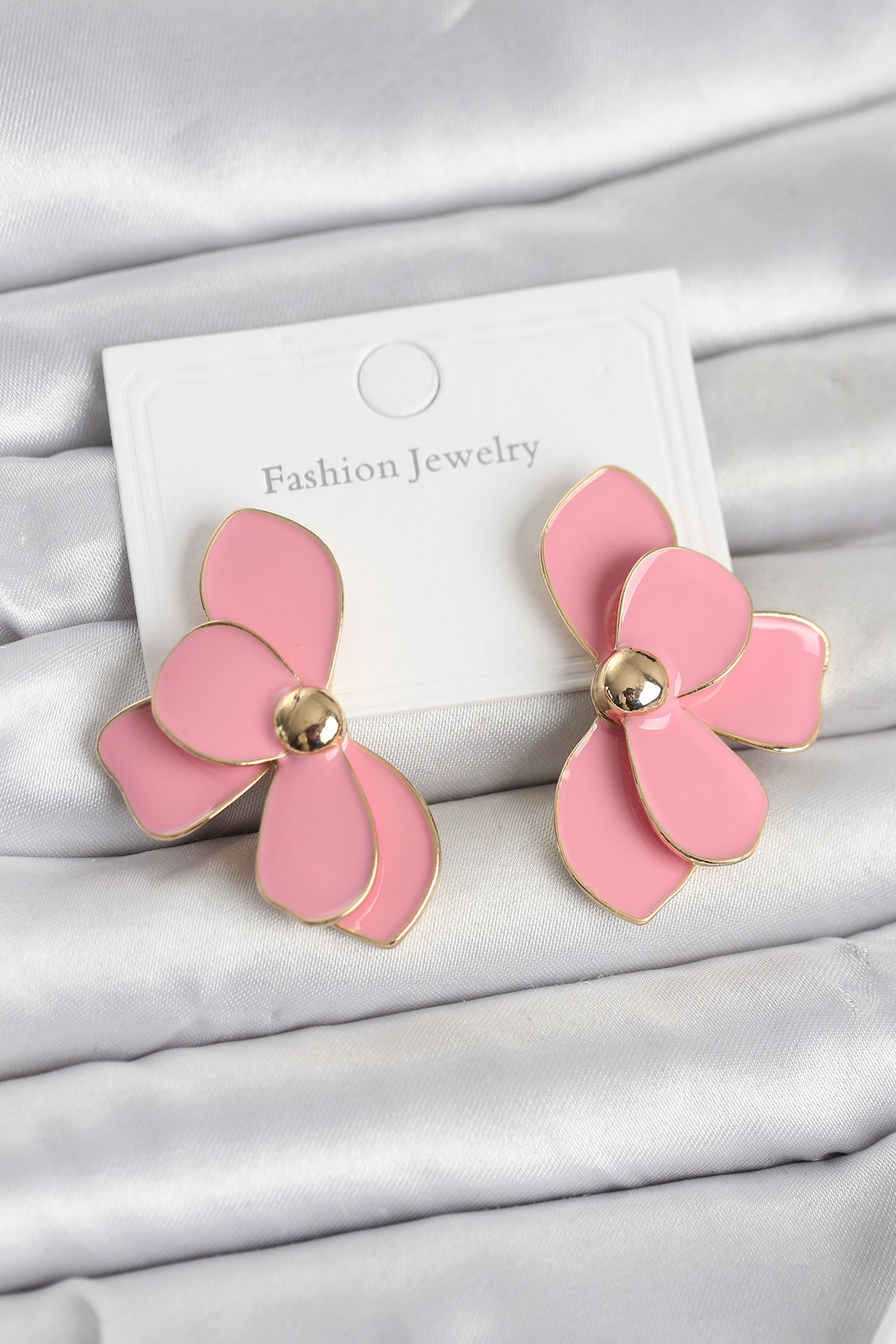 Pembe Mineli Lotus Model Pirinç Kadın Küpe