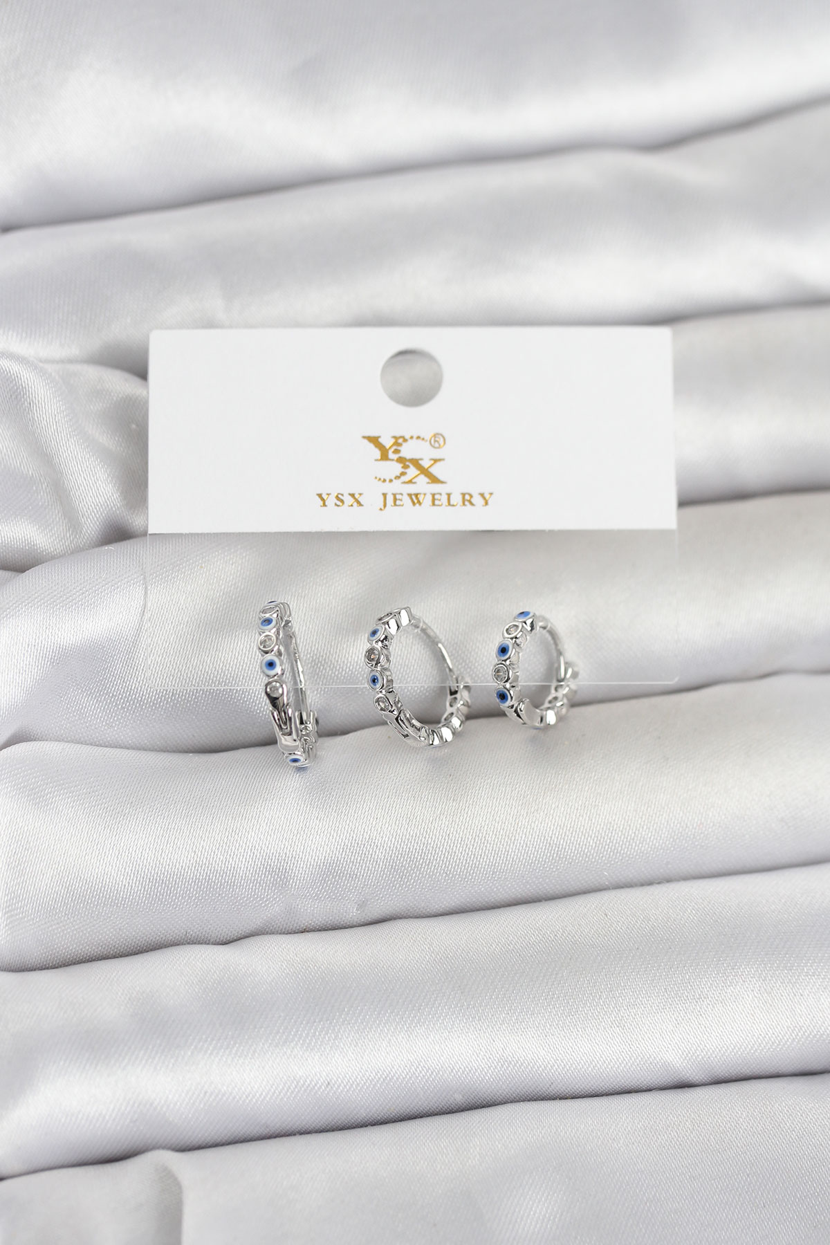 Pirinç Gümüş Renk Nazarlı Model 3'lü Kadın Küpe