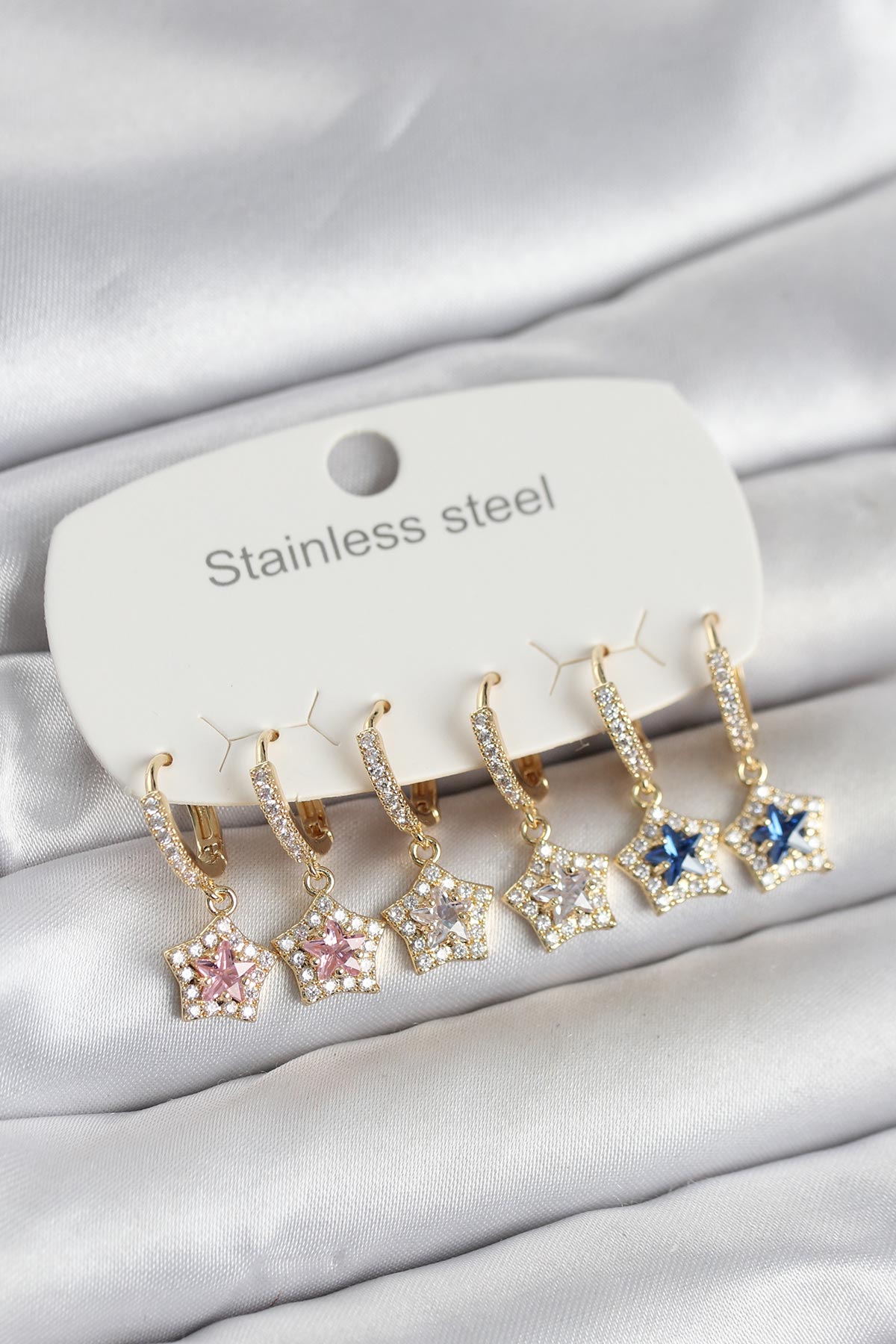 316L Çelik Zirkon Taşlı Yıldız Form 6'lı Set Kadın Küpe