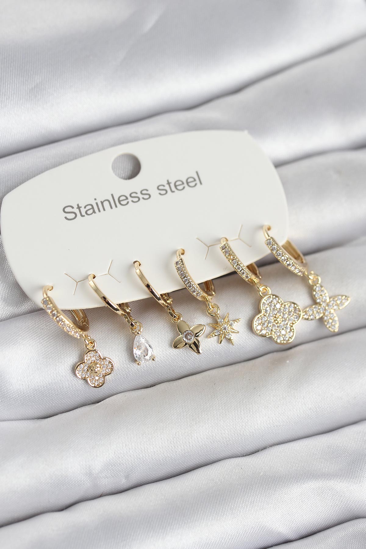 316L Çelik Gold Renk 6'lı Set Yonca Model Kadın Küpe