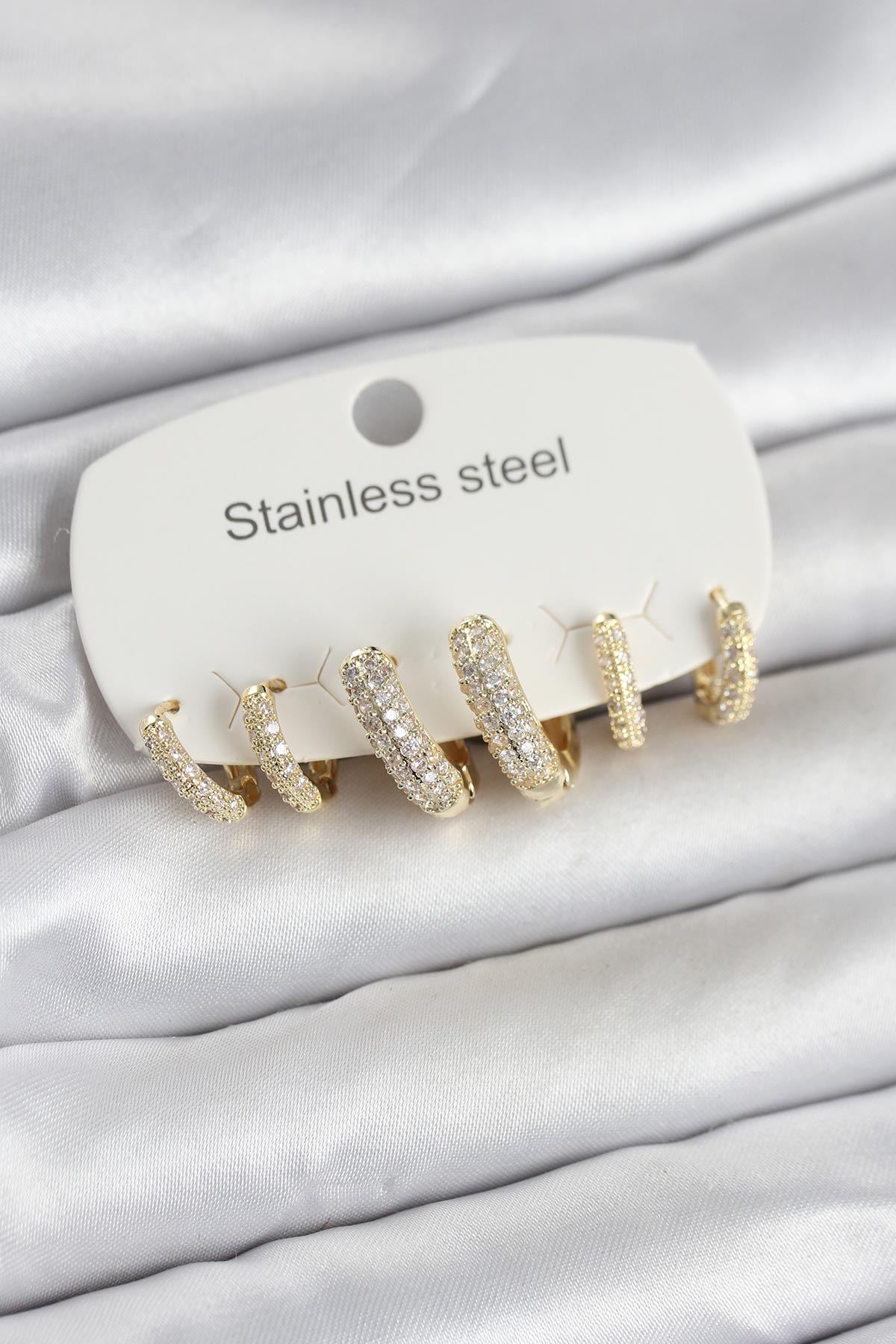 316L Çelik Gold Renk 6'lı Set Zirkon Taşlı Halka Model Kadın Küpe