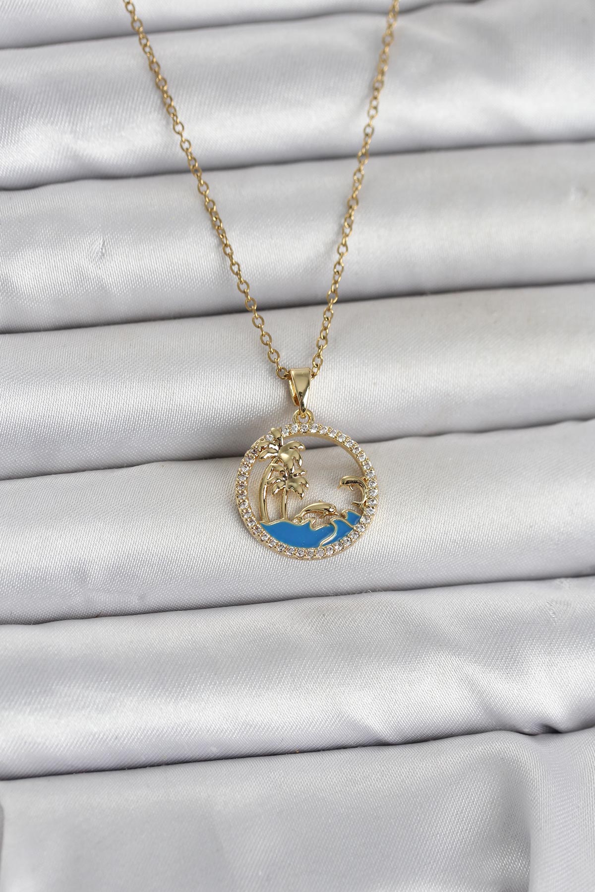 316L Çelik Zincir Gold Renk Zirkon Taşlı Deniz Temalı Kadın Kolye