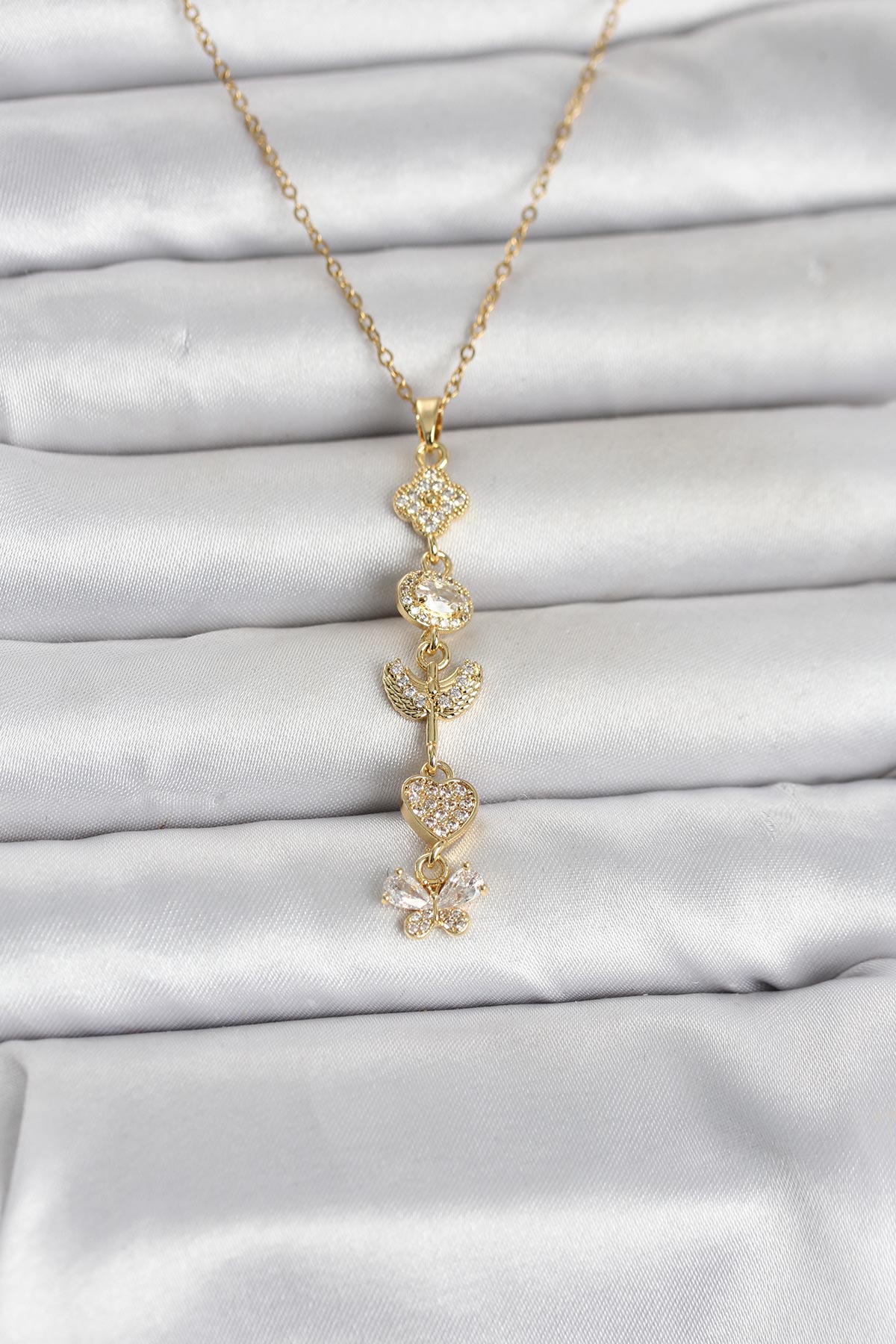 316L Çelik Gold Renk Şans Kolyesi Y Model Zirkon Taşlı Kadın Kolye