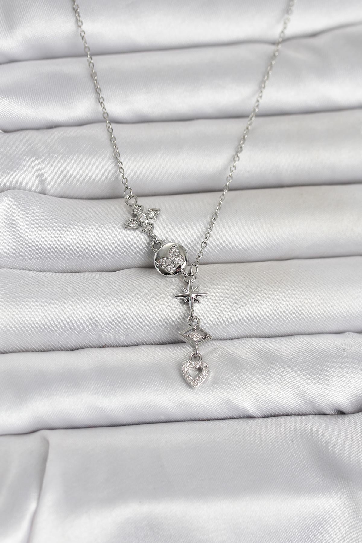 316L Çelik Gümüş Renk Zirkon Taşlı Y Kadın Kolye