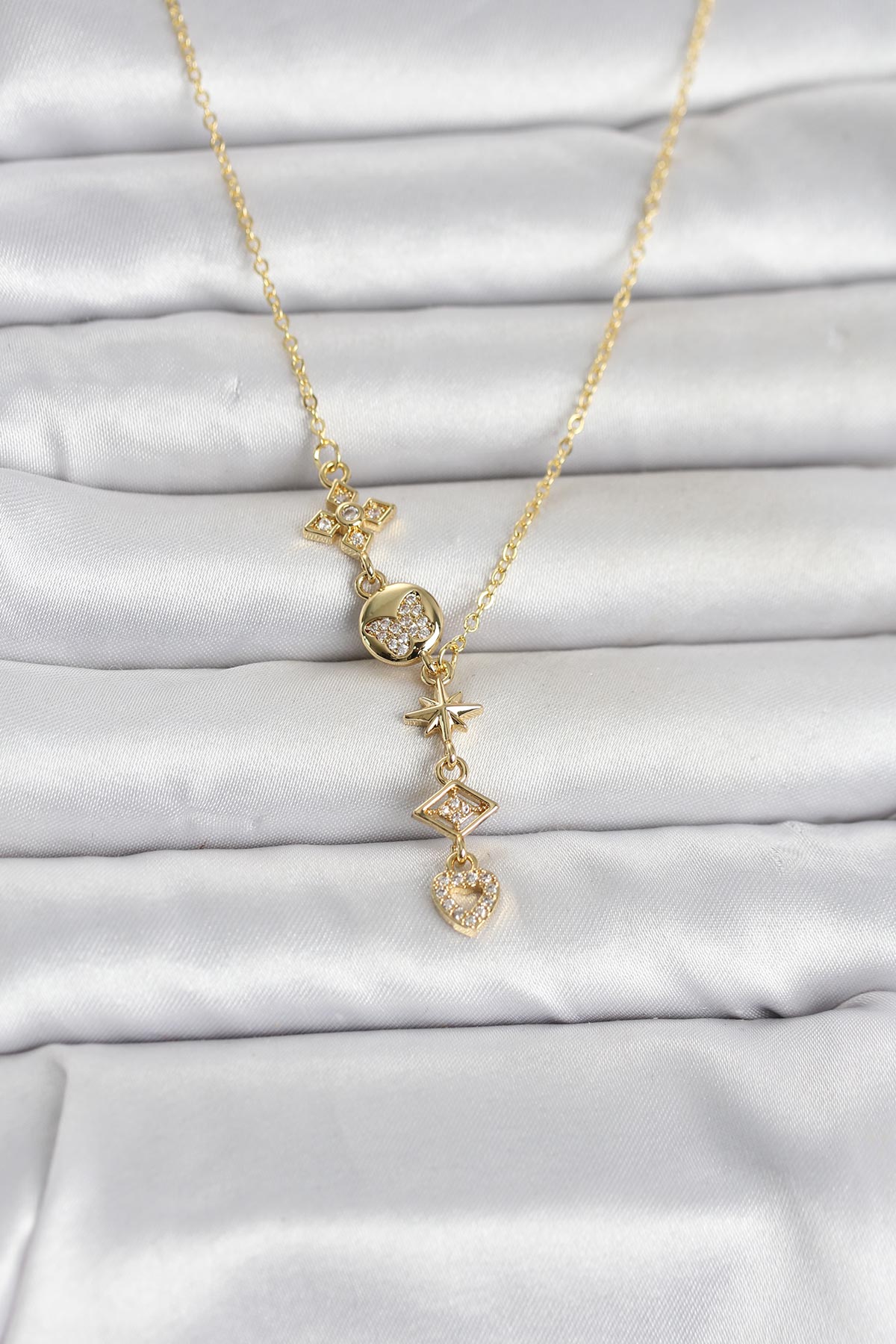 316L Çelik Gold Renk Zirkon Taşlı Y Kadın Kolye