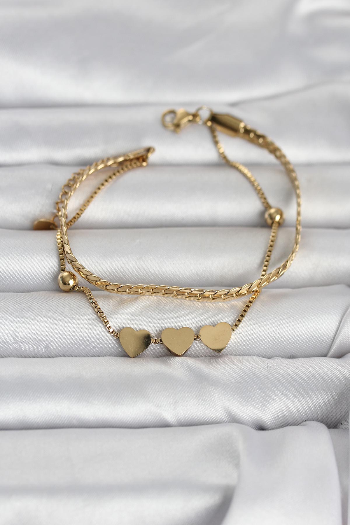 316L Çelik Gold Renk Ezme Zincir ve Kalpli Kadın Bileklik