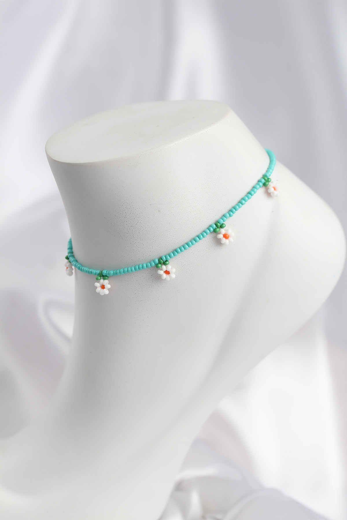 Turkuaz Renk Boncuklu Papatya Motifli Halhal