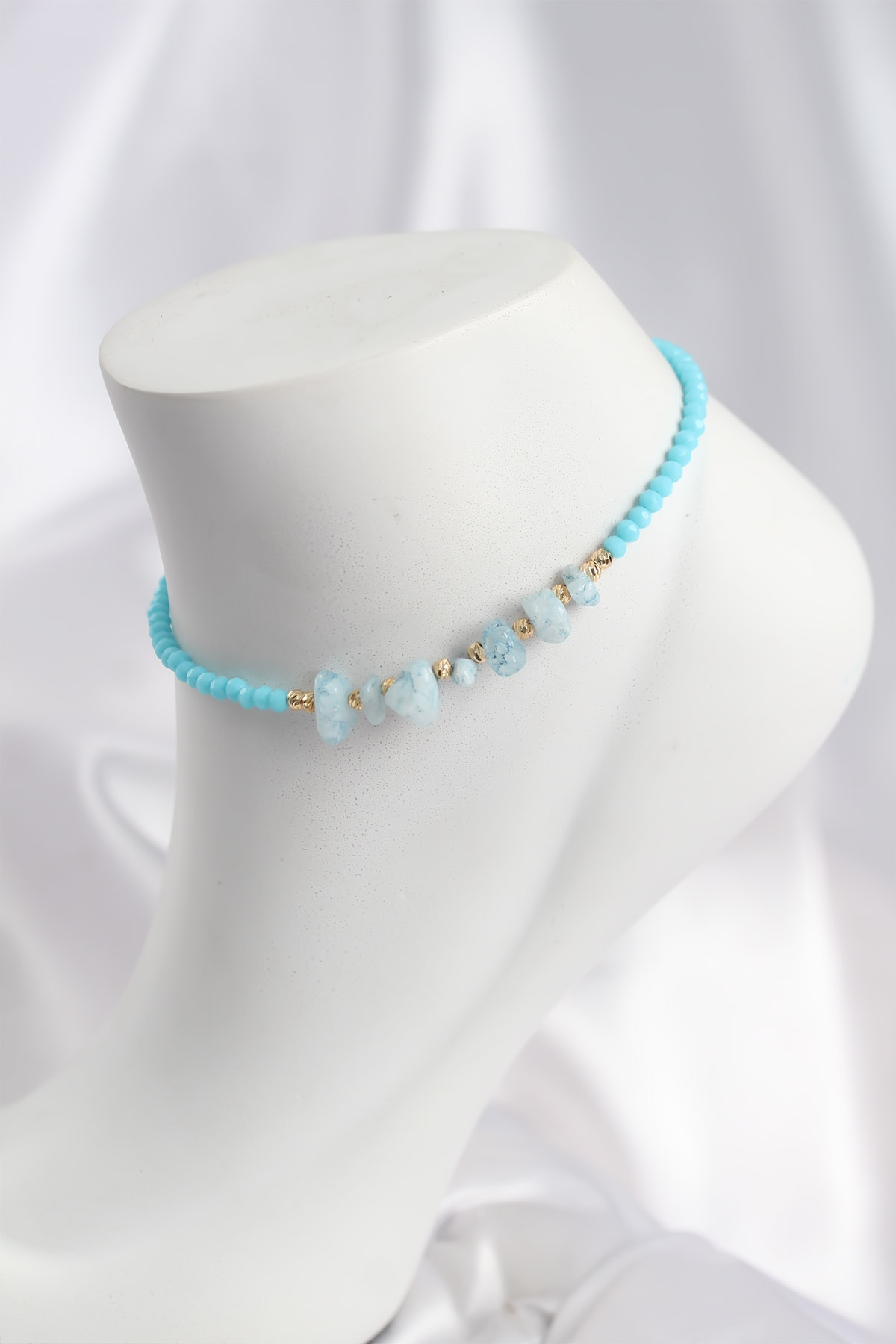 Turkuaz Renk Boncuklu Doğaltaş Görünümlü Halhal