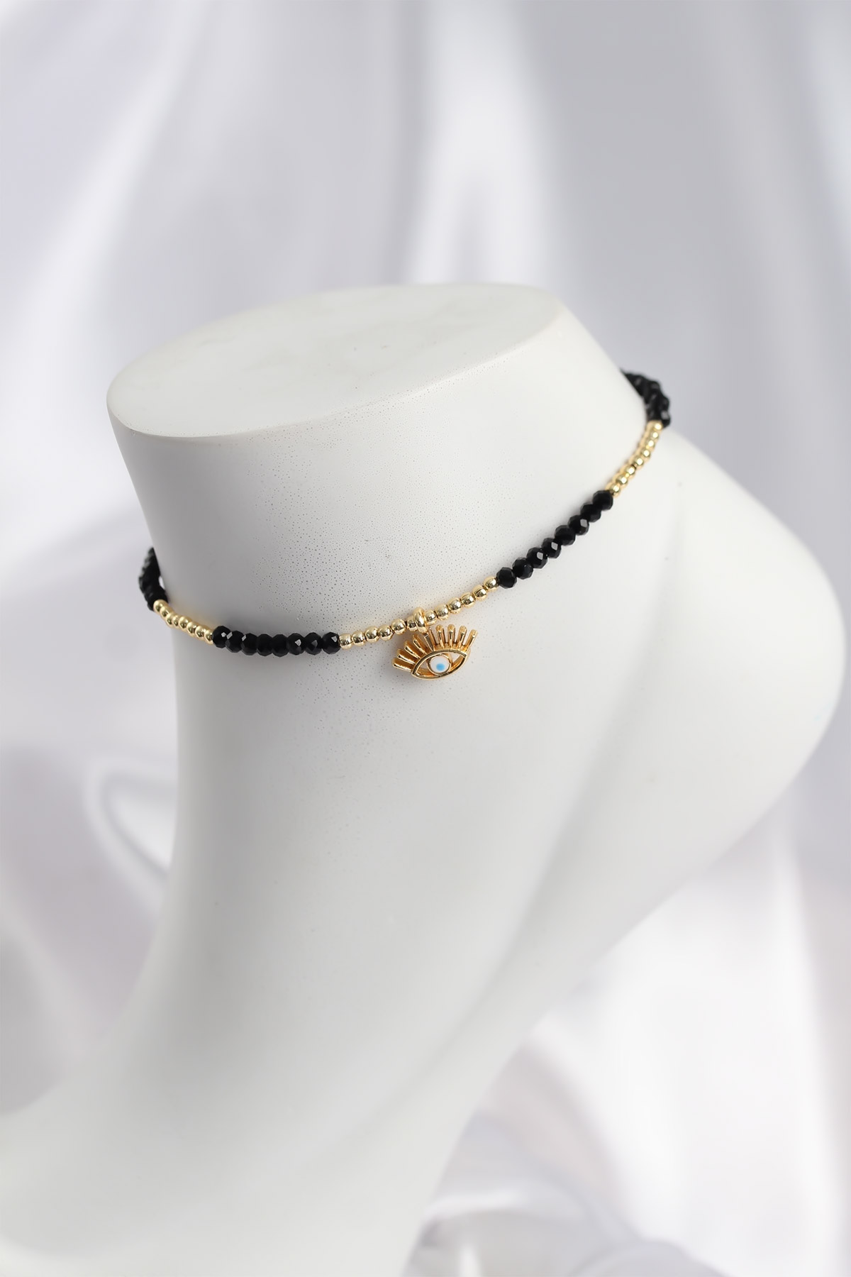 Siyah Renk Boncuklu Nazarlı Göz Figürlü Halhal