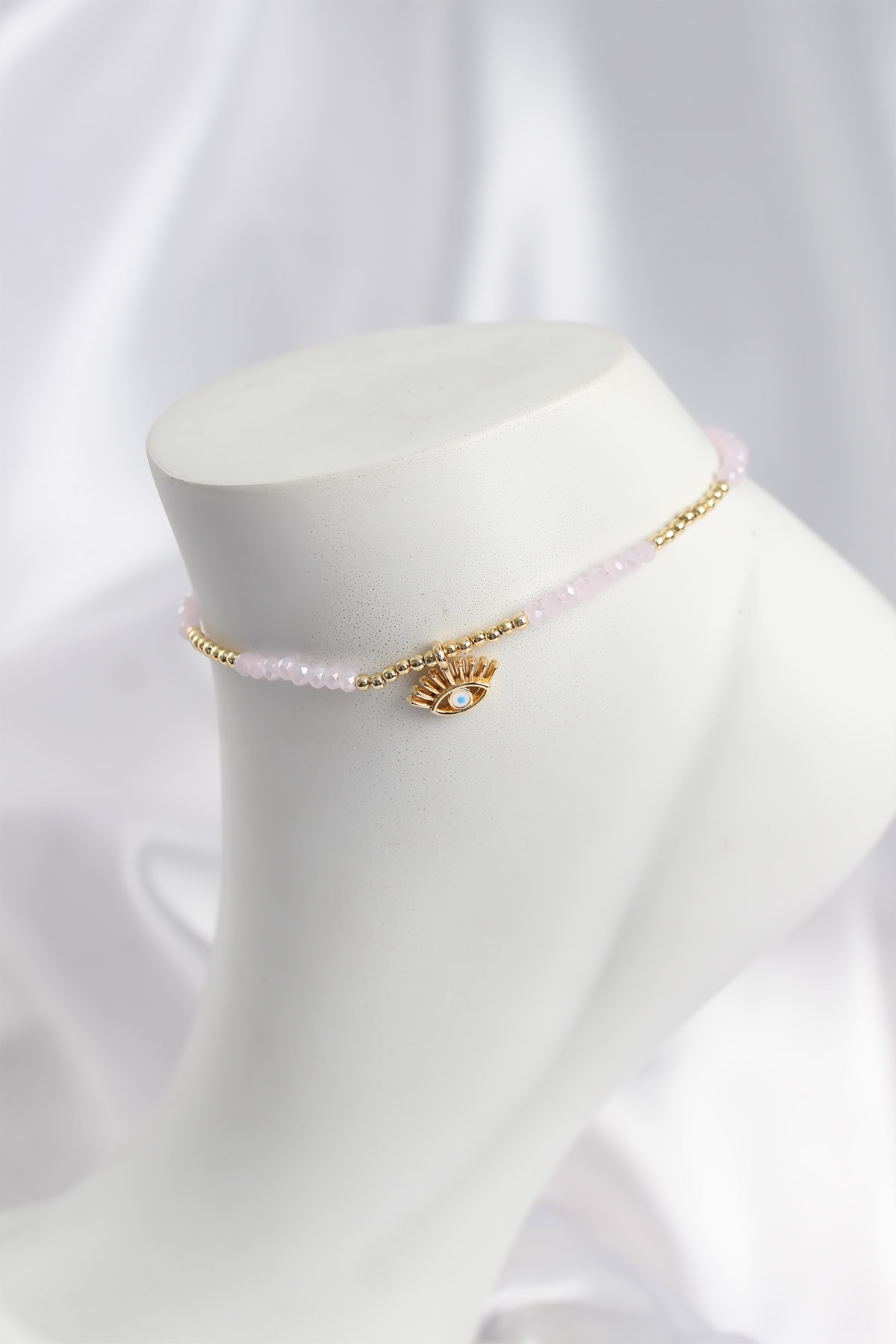 Pembe Renk Boncuklu Nazarlı Göz Figürlü Halhal