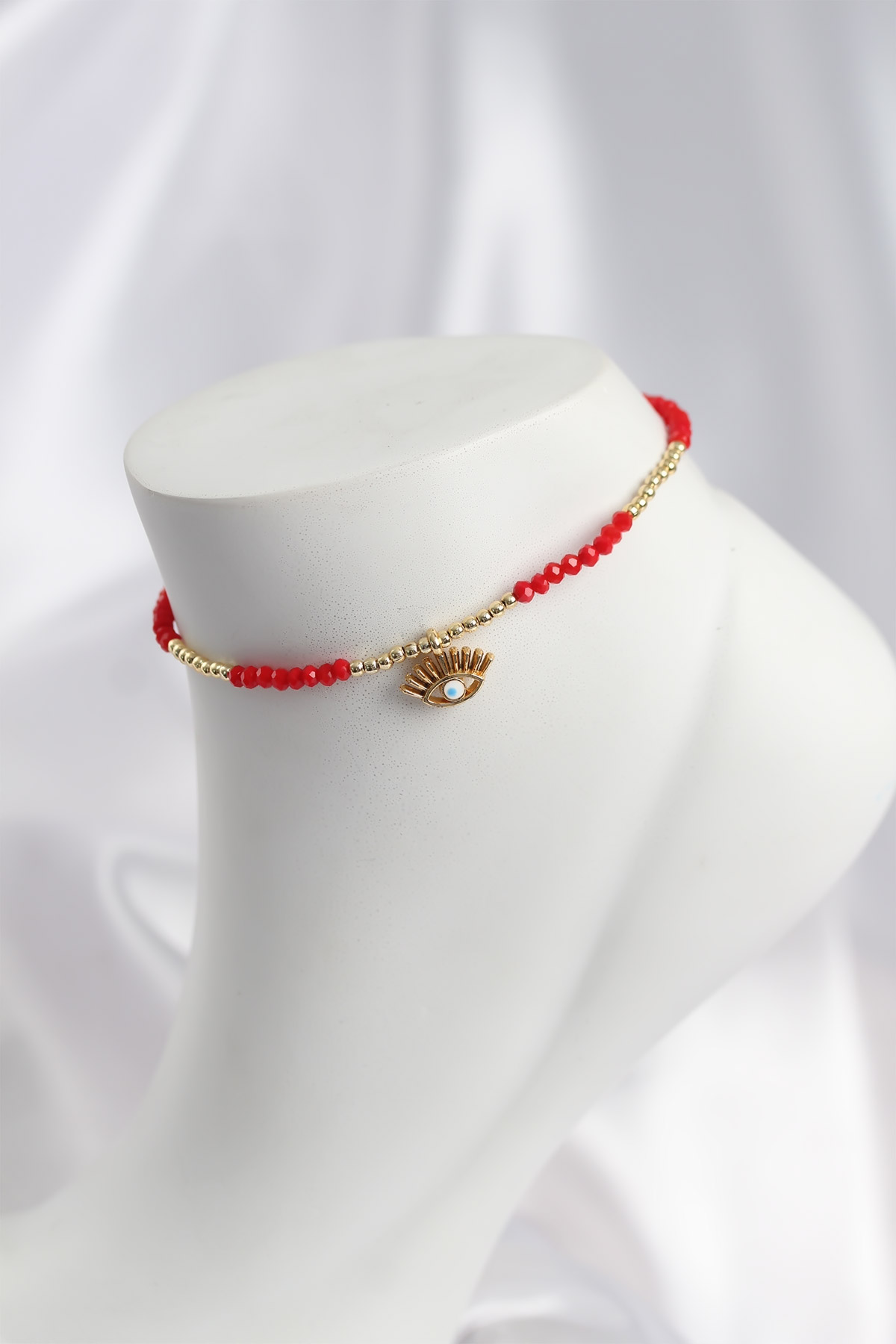 Kırmızı Renk Boncuklu Nazarlı Göz Figürlü Halhal