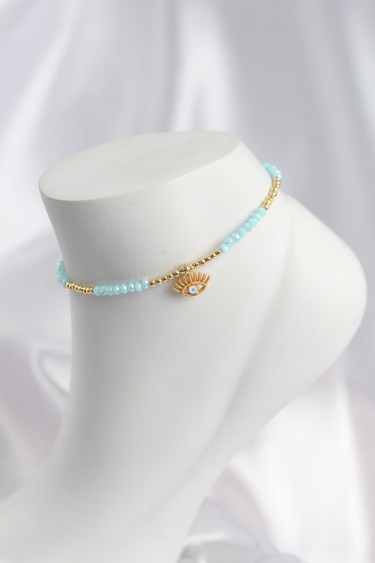 Turkuaz Renk Boncuklu Nazarlı Göz Figürlü Halhal