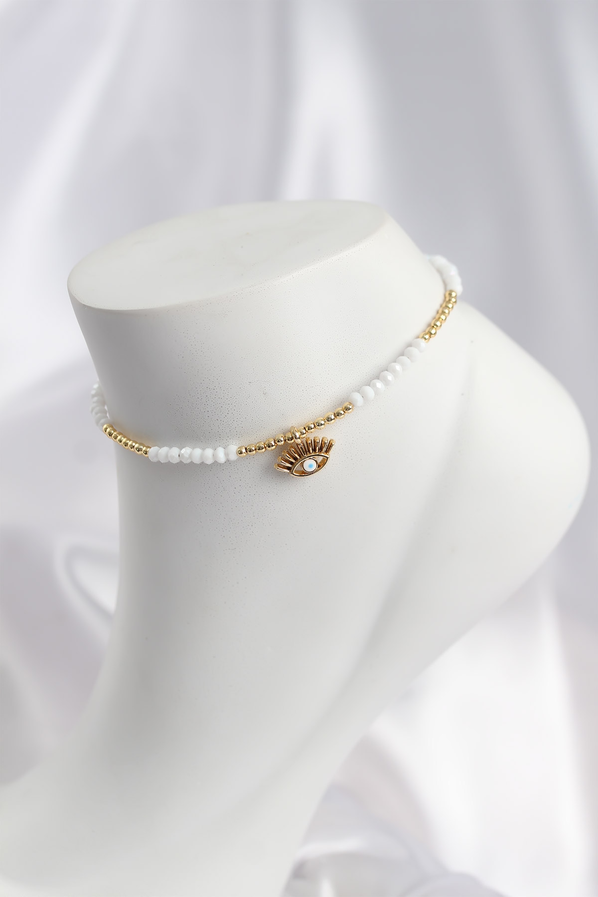 Beyaz Renk Boncuklu Nazarlı Göz Figürlü Halhal