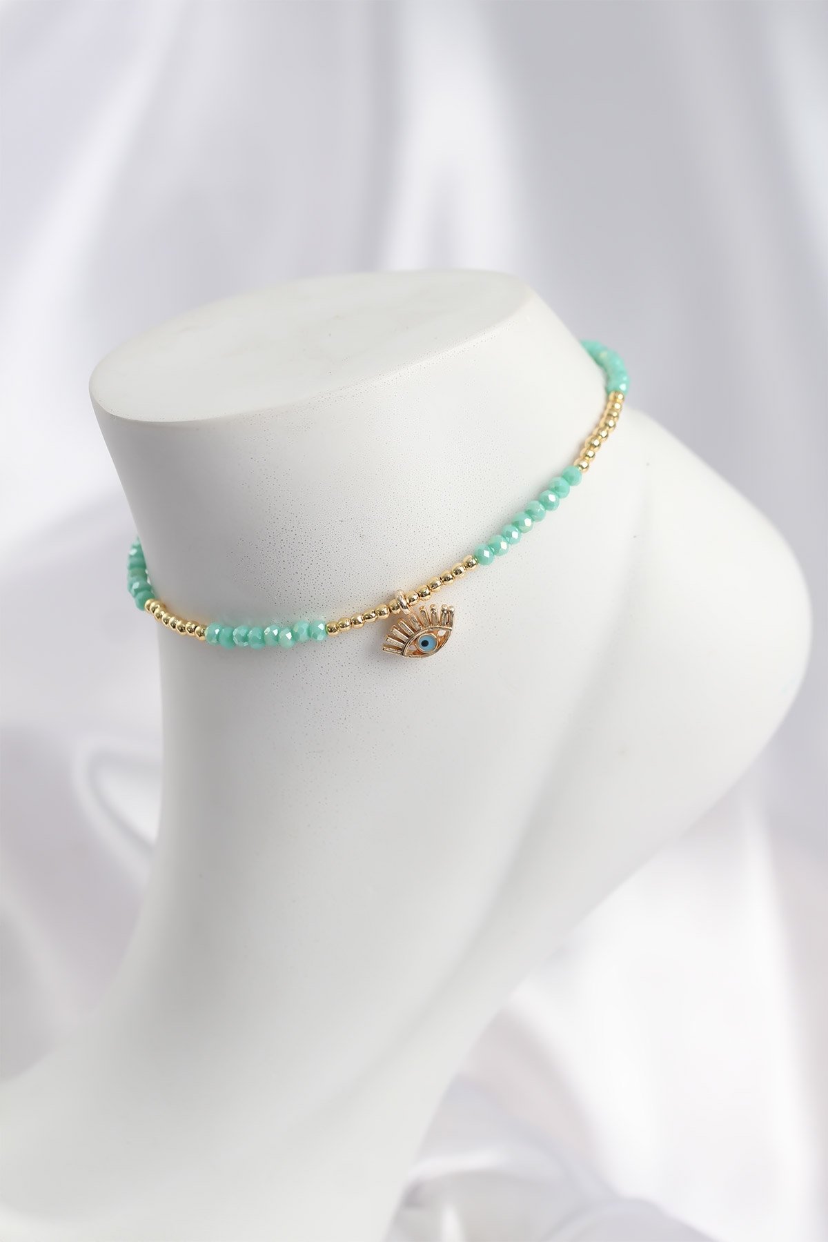 Su Yeşili Renk Boncuklu Nazarlı Göz Figürlü Halhal