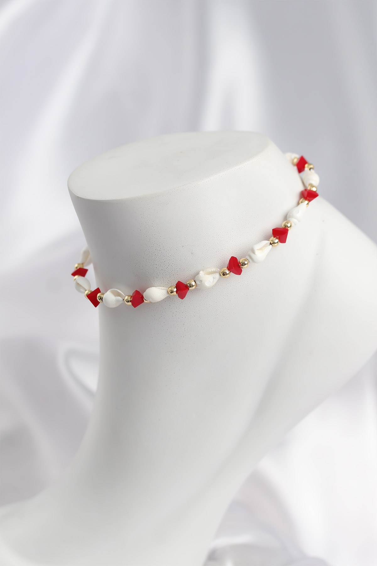 Doğal Deniz Kabuğu Model ve Kırmızı Kristal Taş Model Halhal