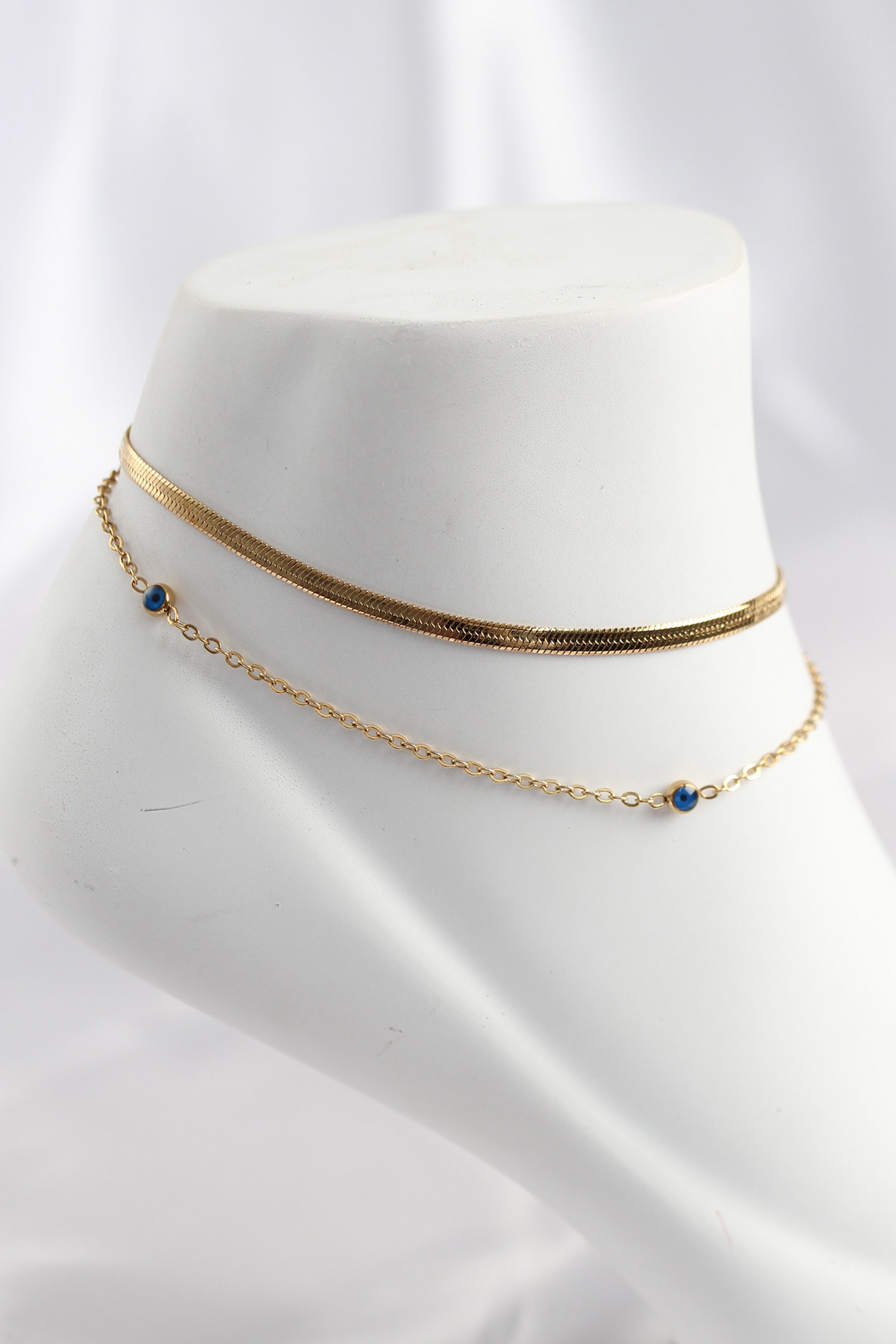 316L Çelik Gold Renk Nazar Boncuk Tasarımlı 2li Halhal