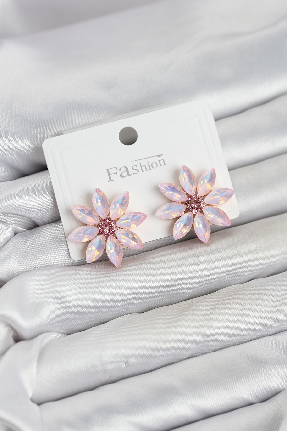 Shekka Pembe Renk Kristal Taşlı Lotus Çiçek Model Kadın Küpe