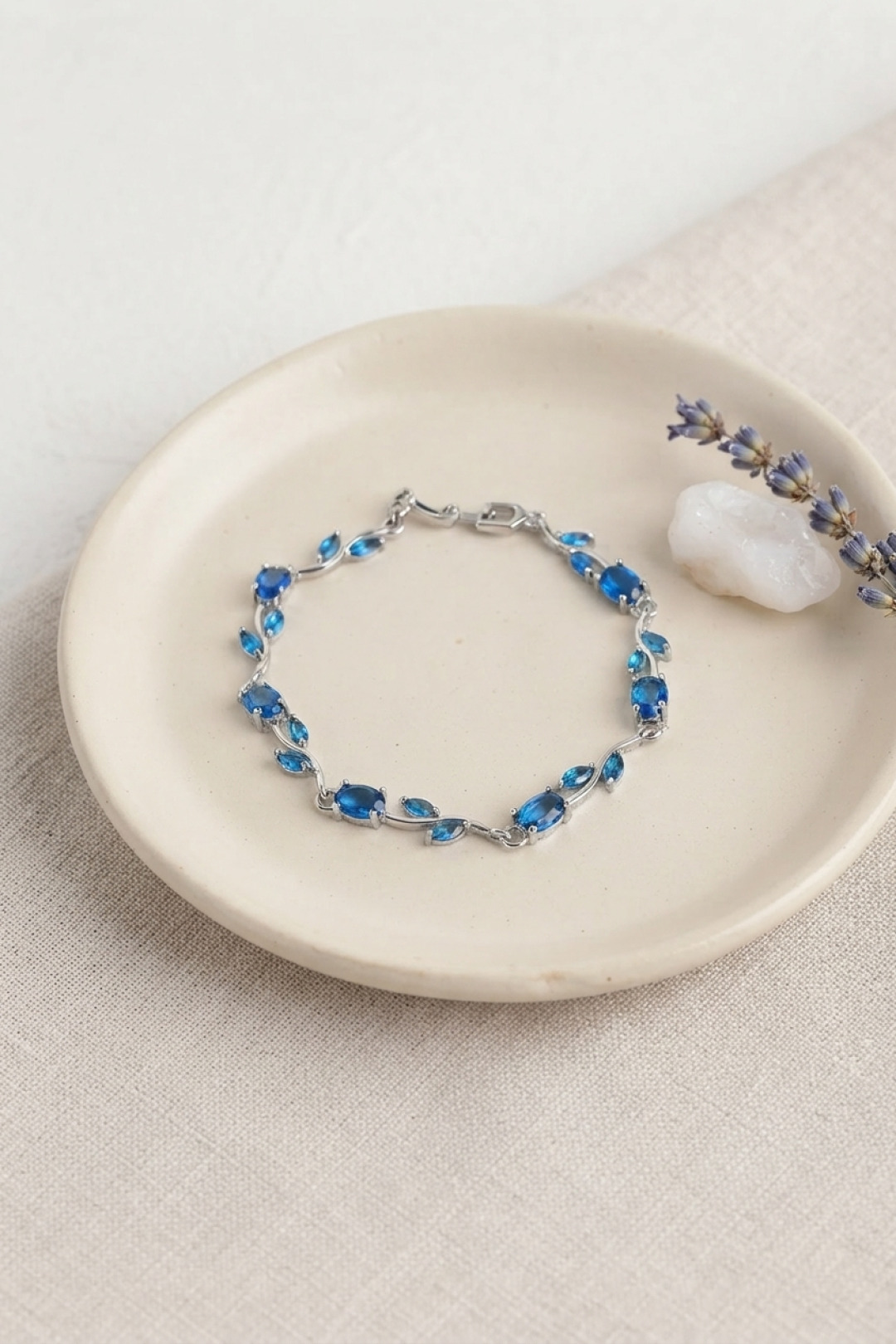 Silver Tone Brass Blue Zircon Stone Flower Design Women's Bracelet