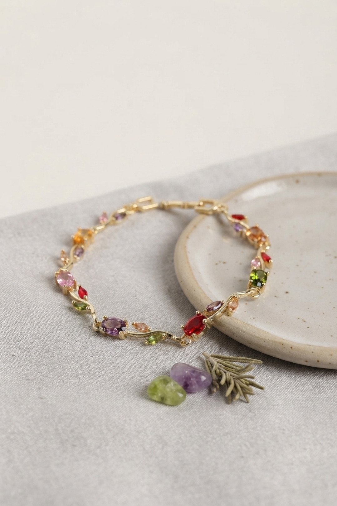 Brass Gold-Tone Multi-Color Zircon Stone Flower Design Women's Bracelet