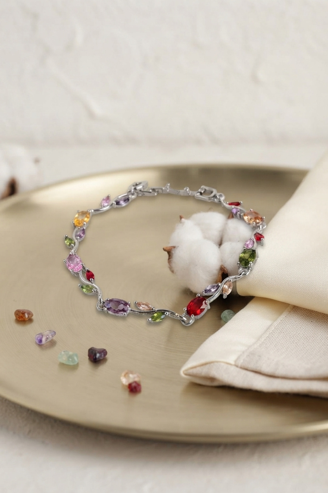 Brass Silver Color Mix Color Zircon Stone Flower Design Women's Bracelet