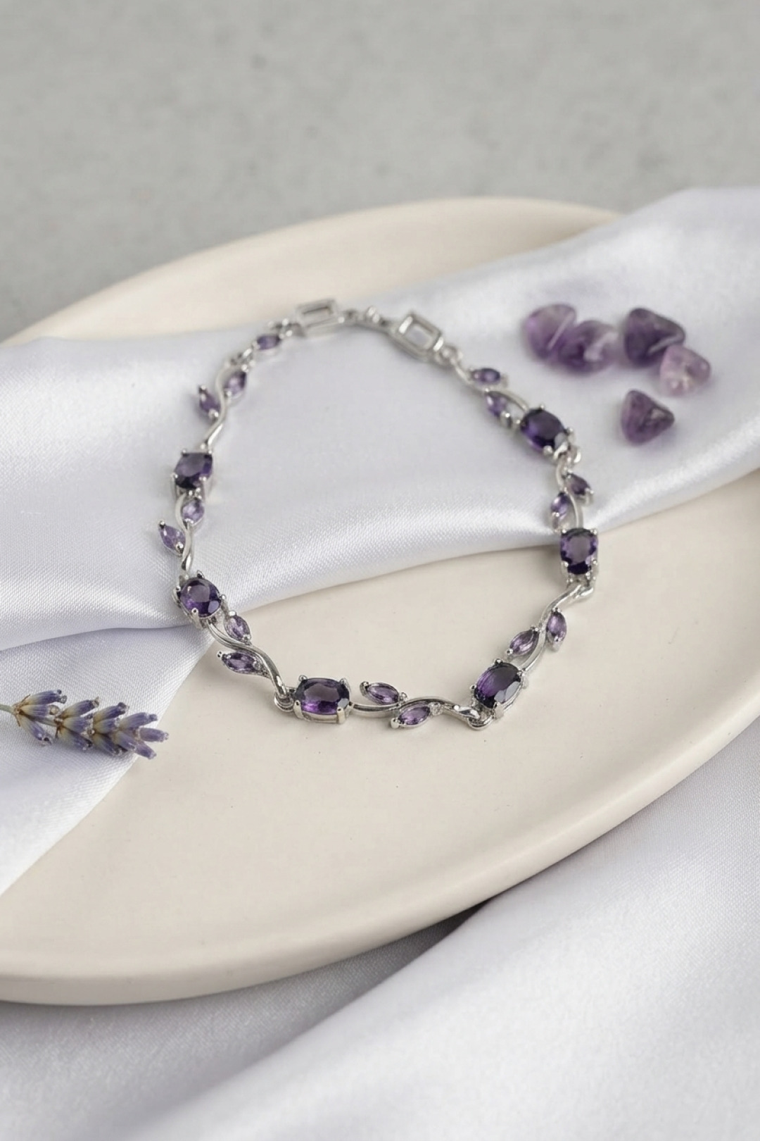 Brass Silver Tone Purple Zircon Flower Design Women's Bracelet
