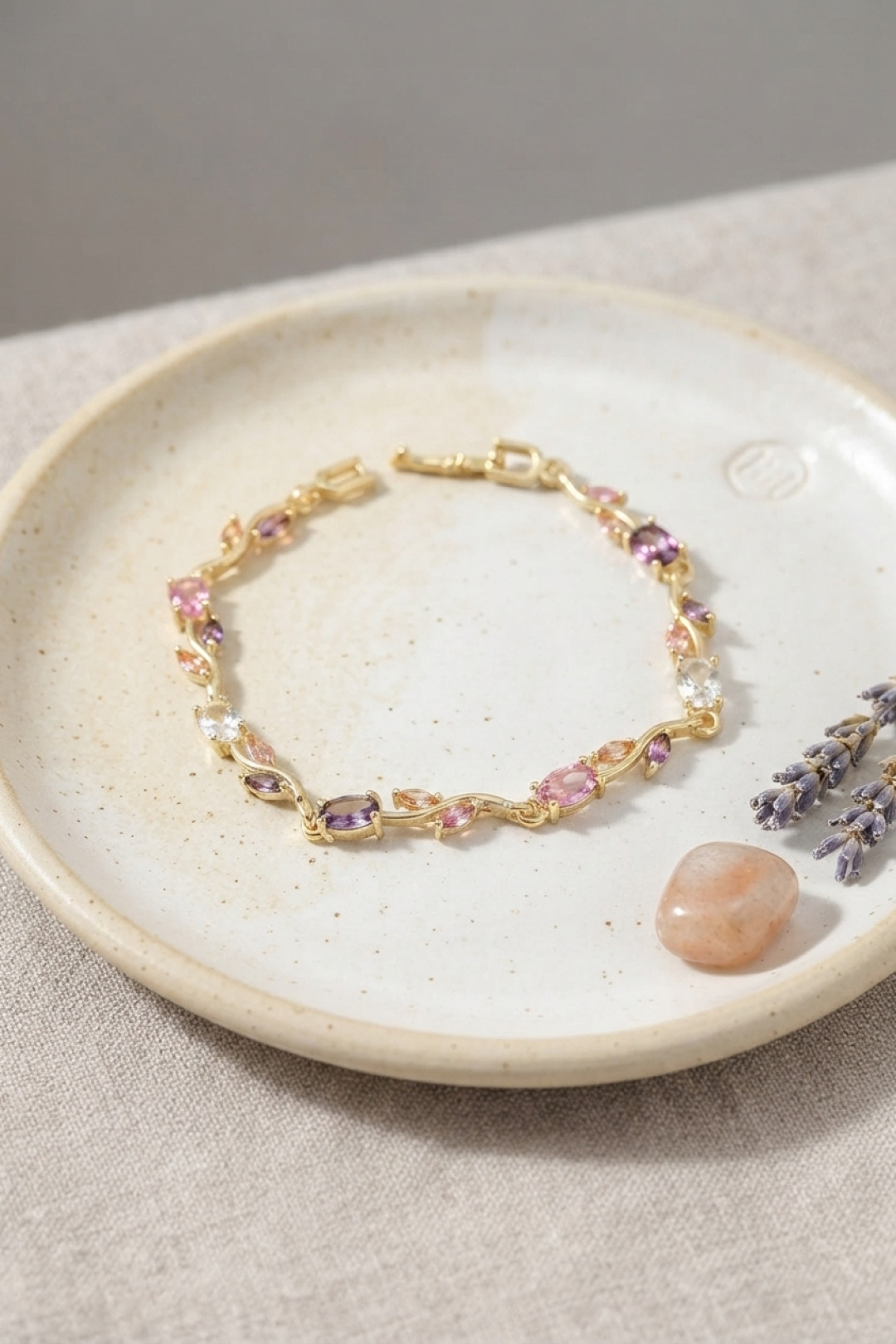 Brass Gold Color Pink and Purple Zircon Stone Flower Model Women's Bracelet