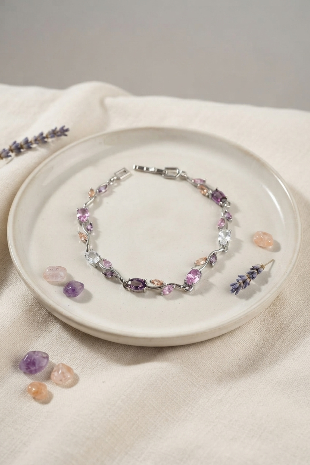 Brass Silver Color Pink and Purple Zircon Stone Flower Pattern Women's Bracelet