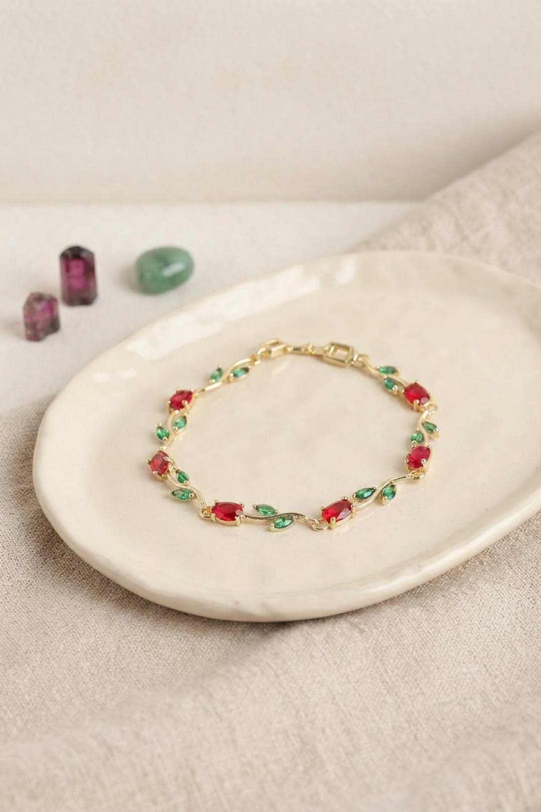 Women's Brass Gold Tone Red Zircon Stone Flower Design Bracelet
