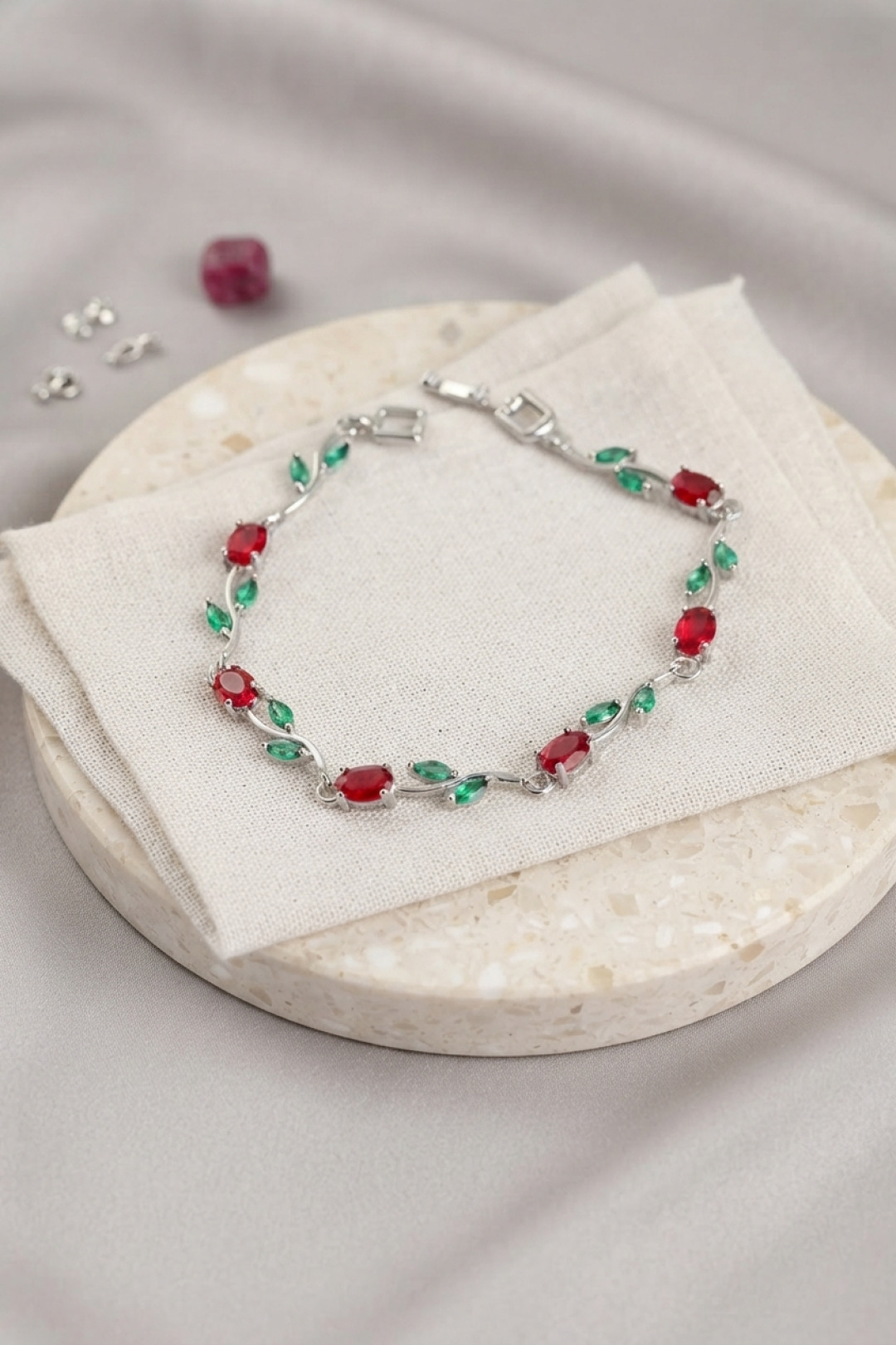 Women's Brass Silver Tone Red Zircon Stone Flower Design Bracelet