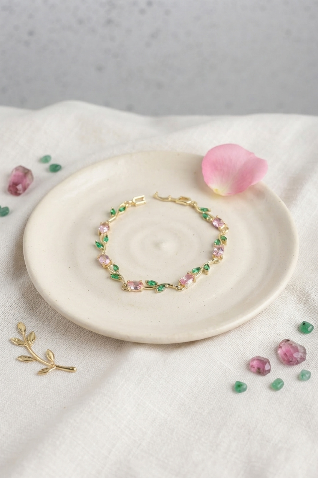 Brass Gold Color Pink Zircon Stone Flower Model Women Bracelet