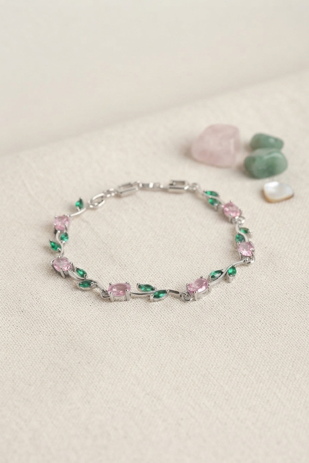 Brass Silver Tone Pink Zircon Stone Flower Model Women's Bracelet