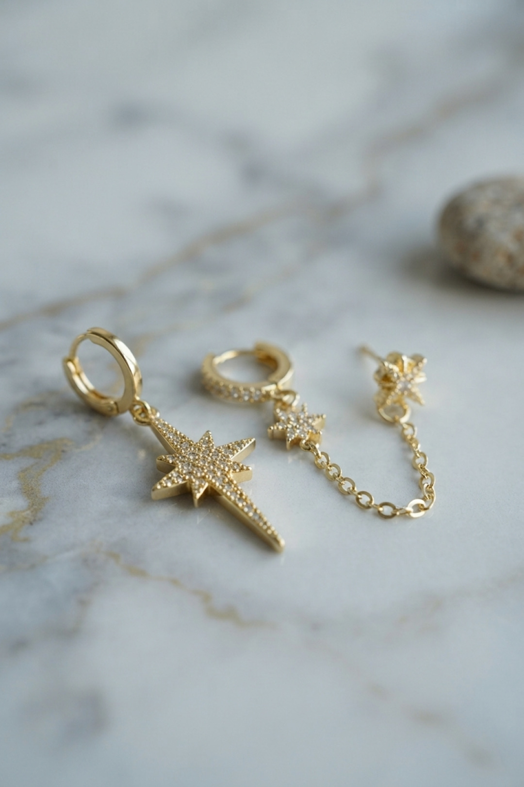 Shekka 3 lü Set Küpe Gold Renk Zincir Detaylı — görsel 1