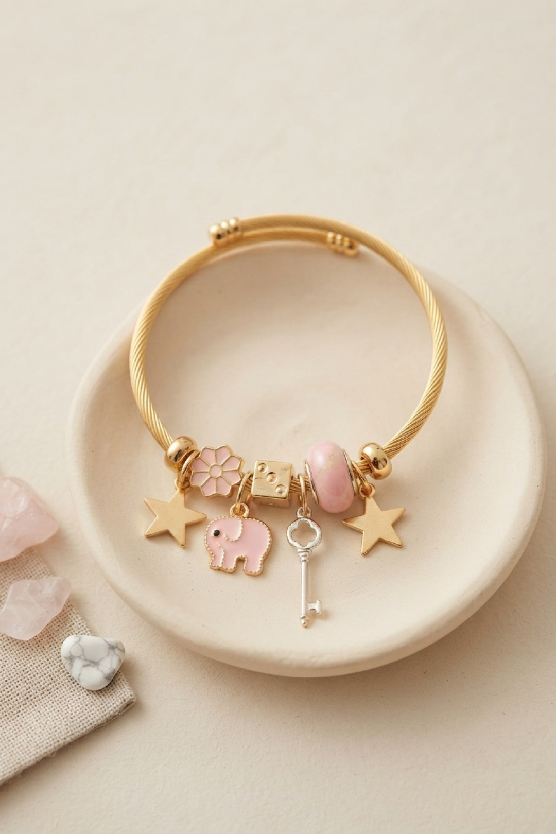 Key and Elephant Model Pink Charm Bracelet