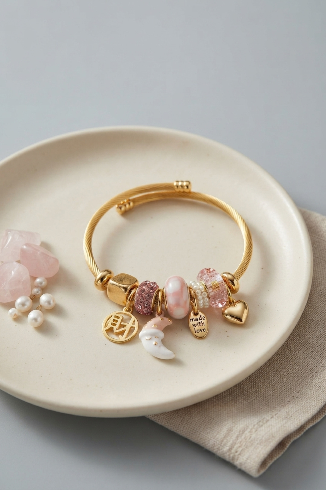 Moon and Heart Pink Charm Women's Bracelet