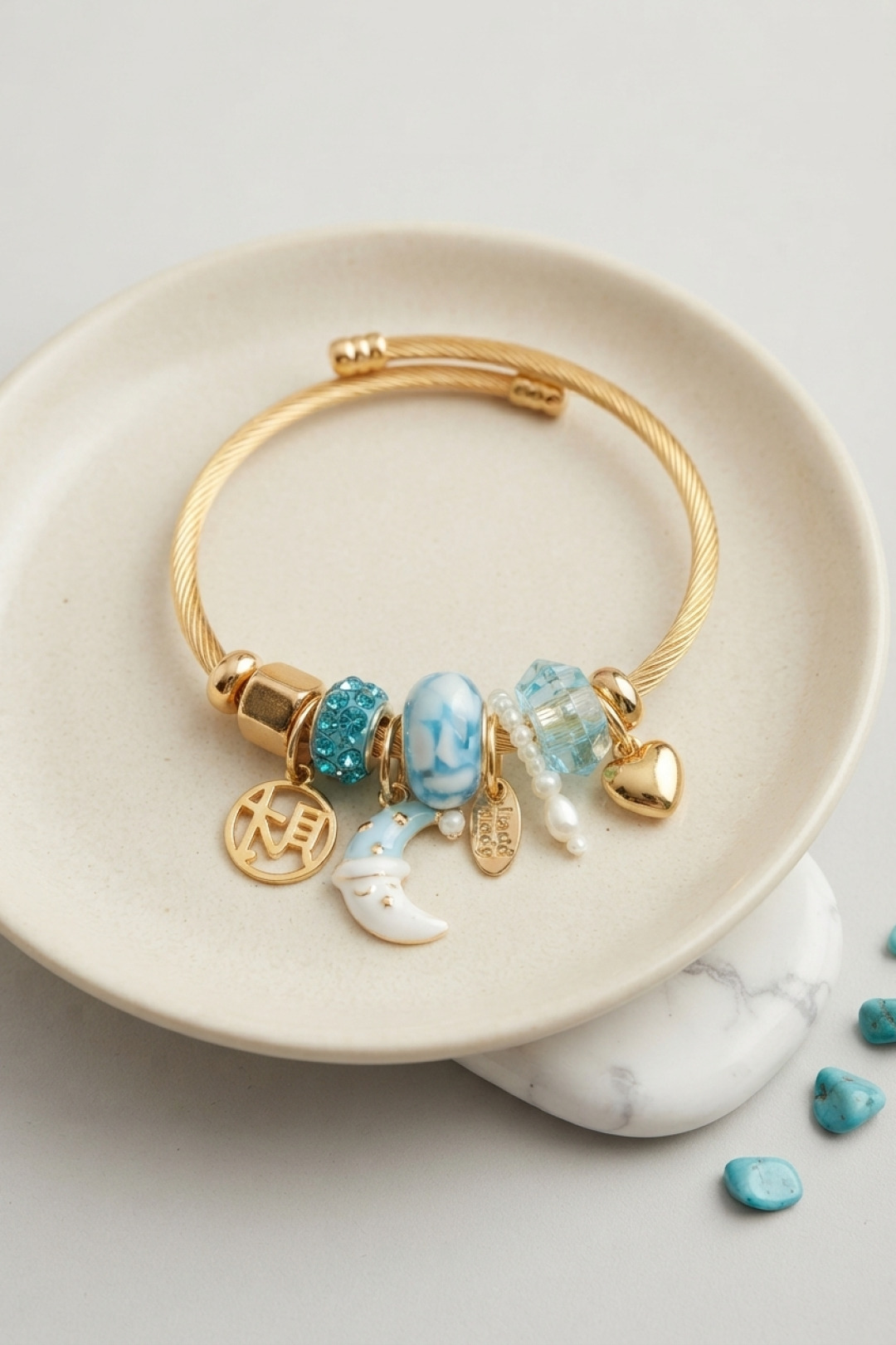 Women's Bracelet with Moon and Heart Blue Charms